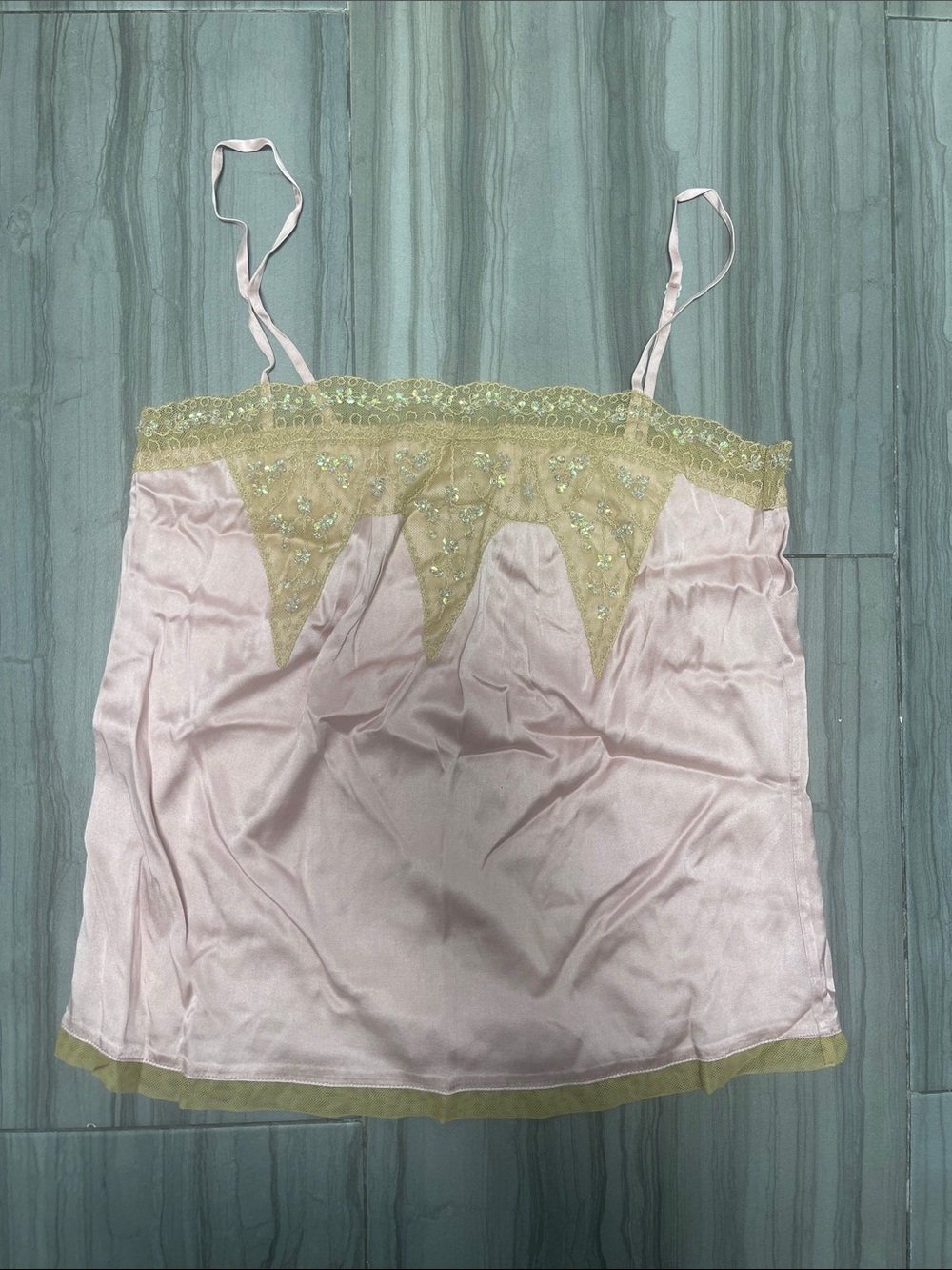 Moda International Pink Satin Camisole with Pale Green Lace Trim